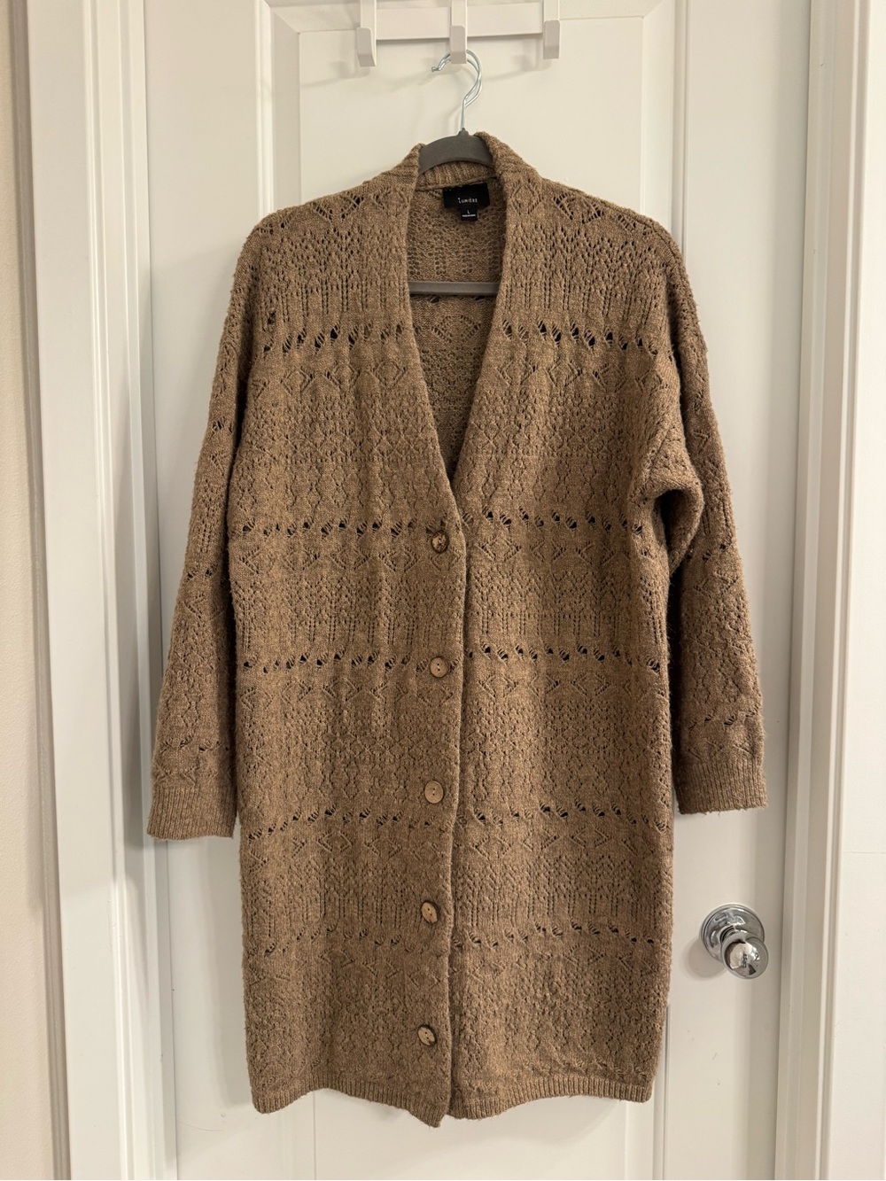 Lumiere Long Brown Knit Button-Front Cardigan